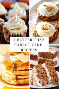 the collage shows different types of carrot cake and cupcakes with frosting on them