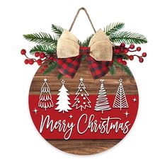 a christmas ornament hanging on a wooden plaque with red and white plaid bow