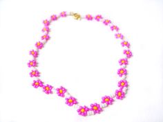 Hot Pink Flower Anklet Daisy Chain Ankle by JewelleryByJora Summer Beaded Necklaces With Flower Charm As Gift, Summer Gift Beaded Necklace With Flower Charm, Handmade Trendy Anklets For Spring, Trendy Handmade Anklets For Spring, Summer Flower Charm Jewelry, Beaded Flower Necklace For Summer Gifts, Multicolor Flower Necklace For Summer Beach, Summer Flower Necklace With Tiny Beads, Summer Beach Flower Necklace With Charm