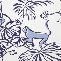 a drawing of a monkey on a white background with palm trees and other tropical plants