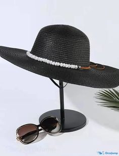 OrcaJump - Womens Summer Visor Hat with Bead Decorations, Sun Hat, Beach Straw Hat, Wide Brim Seaside Holiday Hat Adjustable Short Brim Hat For Pool, Adjustable Wide Brim Hat For Pool, Adjustable Hats For Pool Vacation, Adjustable Brimmed Pool Hat, Adjustable Brimmed Hat For Pool, Adjustable Black Hat For Vacation, Black Adjustable Hat For Vacation, Black Beach Hat For Vacation, Adjustable Black Hat For Beach