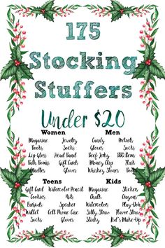 a christmas stocking stuff list with holly wreaths and red berries on the bottom