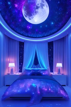 Fantasy bedroom with full moon, neon galaxy stars Galaxy Bedroom Aesthetic, Galaxy Bedroom Ideas, Moon Room Aesthetic, Galaxy Themed Bedroom, Galaxy Room Ideas, Galaxy Themed Room, Moonlight Bedroom, Galaxy Room Decor, Full Moon Aesthetic