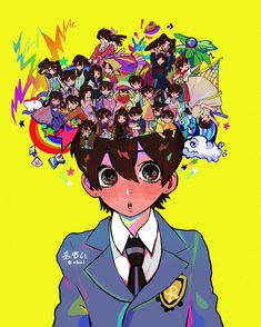 an anime character with a bunch of people on his head in front of him,