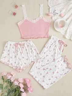 Women's & Men's Clothing, Shop Online Fashion Pijamas Women, Lace Trim Cami Top, Cute Pjs, Lace Trim Cami, Cute Pajamas, Cami Crop Top, Print Shorts, Print Pajamas, Floral Print Shorts