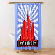 the new york city skyline shower curtain is shown in red and blue with rays coming through it