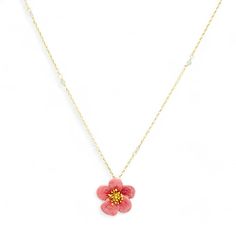 This necklace is a blooming beauty. The delicate design of an enamel plum blossom adorning the clavicle adds a touch of elegance to any outfit. Bring a little floral flair to your wardrobe and make a statement with this unique piece. Collection: Garden Series Product Type: Necklace Material: 18k gold plating brass, enamel Charm Dimensions: Height: 20 mm, Width: 20 mm Necklace length: 41 cm + 5.5 cm / 16.1 inches + 2.2 inches (Adjustable Chain) Dainty Blossom Color Jewelry For Spring, Dainty Blossom Jewelry For Spring, Feminine Blossom Jewelry For Spring, Delicate Flower Jewelry For Spring, Enamel Flower Pendant Necklace With Charm, Enamel Flower Pendant Necklace With Flower Charm, Enamel Necklaces With Flower Charm And Pendant, Blossom Flower Jewelry For Spring, Dainty Flower-shaped Enamel Jewelry