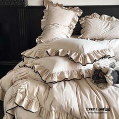 Beige Black Trim Ruffle Bedding Bundle Old Money Bedding, Cozy Bed Sheets, Black And Cream Bedding, Moody Bedding Sets, Beige And Black Room, Black White Beige Bedroom, Black And White Themed Bedroom, Dark Academia Bedding, Black White And Beige Bedroom