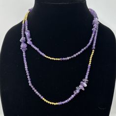 "🌼 Long beaded necklace by Kinsley Armelle.  Small faceted lavender beads with Amethyst chip and gold bead accents.  Can be worn as a single long strand or doubled. 🌼 Measures: 40\" 🌼 Condition: very good, minimal wear. Please see photos for complete condition. To view more vintage jewelry and boxes in my shop, please visit: https://www.etsy.com/shop/TheVintageDaisyVault?ref=seller-platform-mcnav§ion_id=25440304" Gold Rondelle Beaded Necklace With Natural Stones, Gold Amethyst Crystal Necklace With Natural Stones, Gold Rondelle Crystal Necklace With Gemstone, Gold Rondelle Natural Stones Gemstones, Faceted Amethyst Beads, Faceted Round Amethyst Beads, Round Faceted Amethyst Beads, Purple Rondelle Gemstone Beaded Necklaces, Purple Gemstone Rondelle Beaded Necklaces