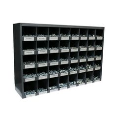 a black shelf filled with lots of screws