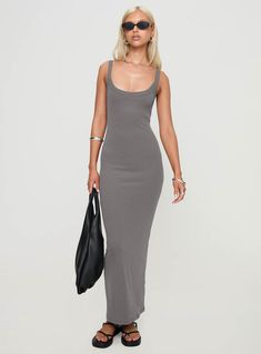 Rib-knit maxi dress Slim fitting, scoop neckline, fixed shoulder straps  Good stretch, unlined 95% polyester 5% spandex Cold gentle machine wash Tight Maxi Dress, Maxi Dress Outfit, Fitted Maxi Dress, Dress Slim, Maxi Knit Dress, Good Stretches, Princess Polly, Scoop Neckline, Shoulder Straps