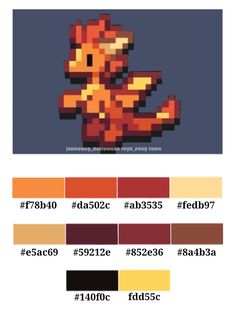 the color scheme for pokemon's pixel art work is shown in red, orange and yellow