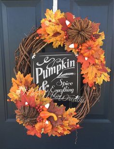 a fall wreath with pumpkins and leaves on it that reads, mr pumpkin health & spice everything