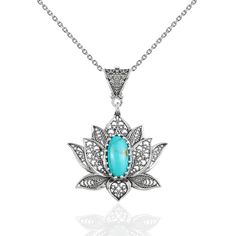 "Experience the timeless elegance of our handcrafted filigree art 925 sterling silver pendant featuring a graceful lotus flower design. This pendant is adorned with a stunning 7x14 mm cabochon-cut gemstone, available in your choice of either enchanting copper turquoise or mesmerizing natural labradorite. Our pendant comes with a 20-inch sterling silver chain option, allowing you to customize your look to perfection. This exquisite masterpiece pendant necklace is not just a beautiful accessory; it's a symbol of purity, enlightenment, and renewal - making it the ideal gift for special occasions like anniversaries, birthdays, Christmas, Thanksgiving, Mother's Day, and Valentine's Day. To ensure your pendant remains as radiant as the day you received it, we include a silver polish cloth and pr Elegant Turquoise Jewelry For Meditation, Turquoise Necklace With Intricate Design For Gift, Elegant Silver Turquoise Necklace With Natural Stones, Elegant Silver Pendant Turquoise Necklace, Elegant Silver Turquoise Pendant Necklace, Ornate Turquoise Jewelry For Gifts, Elegant Turquoise Flower Pendant Jewelry, Spiritual Turquoise Pendant Necklace In Sterling Silver, Engraved Turquoise Pendant Necklace, Collectible