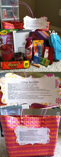 a pink basket filled with lots of items on top of a counter next to a white sign