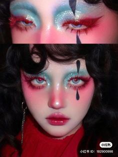 90's Makeup Ideas, Makeup Ideas Colourful, Sparkly Clown Makeup, Pink Contacts Makeup, Red Black And White Makeup, Punk Glam Aesthetic, Colourful Editorial Makeup, Cute Drag Makeup