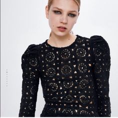 Brand New With Tags. Size Small Chic Fitted Crochet Top For Party, Fitted Crochet Top For Fall Party, Chic Black Crochet Top For Fall, Black Crochet Top For Spring Party, Black Long Sleeve Crochet Top For Spring, Black Fitted Crochet Top For Fall, Chic Lace Crochet Top For Party, Chic Black Crochet Top For Night Out, Black Long Sleeve Crochet Top For Summer