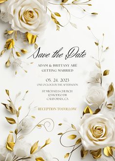 wedding save the date card with white roses and gold leaves