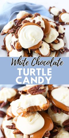 White chocolate and caramel turtle candy near a light blue napkin. Peter's Caramel Recipes, White Chocolate Pecans, Pecan Turtles Recipe Easy, White Chocolate Caramel Pecan Fudge, Turtle Candy With Pecans And Caramel, Chocolate Turtle Candy Recipe, Turtle Candy Recipe, Turtle Recipes, Candy Turtles