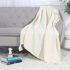 a couch with a blanket on top of it next to books and a potted plant