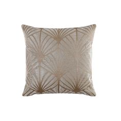 a beige and white pillow with an intricate design on the front, featuring palm leaves