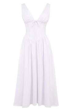 This sweet stretch-poplin midi gets a sultry update with its deeply dipped neckline and corseted bodice. Exclusive retailer Hidden back-zip closure Deep V-neck Sleeveless Lined 65% cotton, 32% nylon, 3% elastane Dry clean Imported White Dress V Neck, Getaway Dress, Cotton Corset, House Of Cb Dresses, White Corset, Inner Goddess, Maternity Lingerie, Petite Skirt, House Of Cb