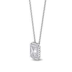 This Halo Pendant Lab Grown Diamond Necklace is sure to take your breath away. Featuring a radiant cut diamond, this lab grown necklace offers .93 ctw of sparkling brilliance. Get ready to dazzle with this timeless piece of jewelry. Center Stone: radiant cut lab grown diamond, .75 ct, F/G Color, VS1 Halo: round lab grown diamonds, .18 ct. 18", lobster clasp .93 carat total weight *This item is custom made just for you in your metal preference. *Please contact us prior to purchasing with any ques Fine Jewelry Diamond Necklace With Princess Cut, Princess Cut Diamond Necklace Fine Jewelry, Diamond White Baguette Cut Diamond Necklace For Formal Occasions, Formal Baguette Cut Diamond White Diamond Necklace, Formal Baguette Cut Diamond White Necklace, Classic Cubic Zirconia Princess Cut Necklace, Fine Jewelry Princess Cut Cubic Zirconia Necklace, Classic Princess Cut Cubic Zirconia Necklace, Fine Jewelry Cubic Zirconia Princess Cut Necklace