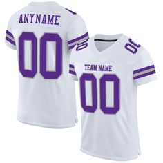 Order the jersey with special name & number you want from our shop, making a vibrant look on the field or daily life! Features: 1. Material: 100% Recycled Polyester-Body; 88% Nylon/12% Spandex-Neckline, Sides, Sleeves 2. Fit: Authentic jerseys have an athletic cut that fits snug in the chest and shoulders. 3. Stitched tackle twill name and numbers 4. Sublimated stripes on sleeves 5. Zone stretch fabric for enhanced movement; Tailored fit designed for movement 6. Moisture-wicking fabric has spong Purple Team Spirit Jersey, Purple Jersey Volleyball, Purple Jersey Design, Purple Sporty Jersey For Sports, Purple Football Jersey, Purple Football, White Football Jersey, Custom Football, Purple Gray