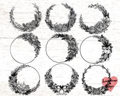 six wreaths with flowers and leaves are shown in black on a white wooden background