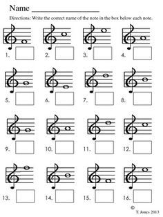 music worksheet with notes and numbers for the trebles, which are also in