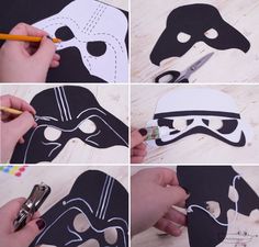 the process of making a star wars mask out of paper and cut it out with scissors