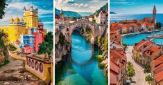 three different views of the river and buildings in europe, including an old bridge with red roofs