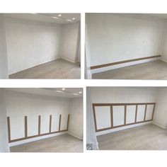 four pictures of empty room with wood trimmings and white paint on the walls