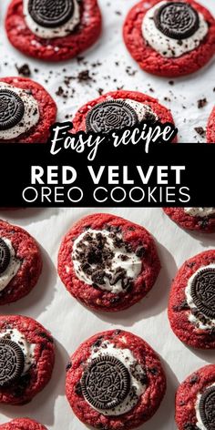 red velvet oreo cookies with chocolate chips and cream cheese on top are ready to be eaten