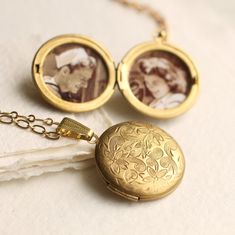 Flower Locket Necklace, Antique Gold Victorian Brocade Engraved Personalised Photo Locket Botanical Leaf Jewelry Gold, FLOWER LOCKET - Etsy Victorian Gold Jewelry For Anniversary Gift, Vintage Necklace With Engraving Option For Keepsake, Heirloom Locket Necklace For Anniversary Gift, Victorian Engraved Necklaces For Anniversary Gift, Victorian Engraved Necklace For Anniversary, Victorian Engraved Necklace For Anniversary Gift, Anniversary Filigree Yellow Gold Locket Necklace, Elegant Gold Locket Necklace For Wedding Gift, Yellow Gold Locket Necklace With Intricate Design For Wedding