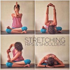 a woman sitting on the floor doing yoga stretches with her hands up in front of her head