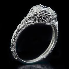 ART NOUVEAU STYLE PLATINUM ENGAGEMENT RING SETTING ROUND VINTAGE FLORAL 6MM Antique White Gold Engagement Rings, Vintage Filigree Ring, Art Nouveau Ring Engagement, Engagement Ring Settings Round, Nouveau Engagement Ring, 1950s Engagement Ring, Goblin Hoard, Art Nouveau Engagement Ring, Art Nouveau Wedding