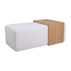 a white and wooden bench sitting on top of a white floor next to each other