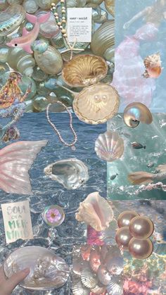 a collage of seashells, pearls and other items