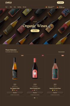 the website for organic wines is displayed on a dark background, with several bottles in different colors