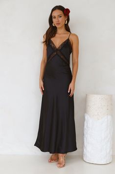 Length from bust to hem of size S: 126cm. Chest: 40cm, Waist: 38cm, across front only of size S. Maxi dress. Lined, unlined lace panels. Model is a standard XS and is wearing size XS. True to size. Non-stretch. V-neck. Lace details, unlined. Zipper. Cold hand wash only. Polyester. An ultra-romantic style! The Ultimate Love Satin Slip Maxi Dress features a silky satin design, lace panels and a straight flowy silhouette that we're in love with. Style with heels and curls for all the likes. Formal Maxi Slip Dress With Lace Trim, Formal Spaghetti Strap Dress With Contrast Lace, V-neck Contrast Lace Slip Dress For Night Out, Formal Lace Slip Dress With Lace Back, Formal Lace Back Slip Dress, Formal Spaghetti Strap Dress With Lace Trim, Formal Dresses With Spaghetti Straps And Lace Trim, Black V-neck Slip Dress With Lace Trim, V-neck Lace Slip Dress With Lace Trim