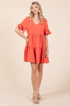 Features: Short Flutter Sleeve, Layered Dress, Tiered, ruffled, excellent stretchy material, mini dress, V neckModel is 5'9"(W:24", H:34", B:32A) wearing Small. Small 4-6 Medium 8-10 Large 12-14 X-Large 16-18 100% Polyester Fitted V-neck Tiered Dress With Ruffle Hem, Flowy V-neck Ruffle Dress, V-neck Tiered Dress With Ruffle Hem For Day Out, Flowy Knee-length Mini Dress With Ruffle Hem, Flirty Mini Dress With Layered Hem, Knee-length Ruffle Dress With Ruffle Hem, Solid Knee-length Ruffle Dress With Ruffle Hem, Solid Knee-length Ruffle Dress, Flirty Layered Hem Dress For Brunch