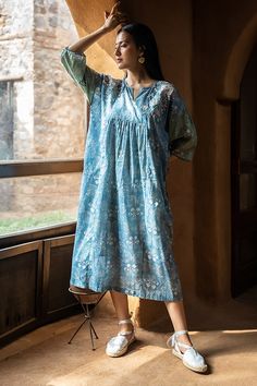 Blue cotton gathered yoke dress with batik print and thread embroidery. Comes along coordinating inner. - Aza Fashions Yoke Dress, Shirt Jacket Men, Shirt Dress Summer, Blue Embroidery, Batik Prints, Dress Suits, Embroidery Details, Dress For Women, Embroidered Dress