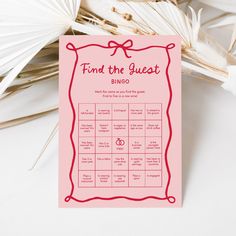 a pink and red wedding game with the words find the guest on it next to some palm fronds