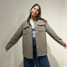 Checkered Jacket, Oversized, Barely Worn. Oversized Brown Outerwear For Everyday, Classic Oversized Plaid Outerwear, Oversized Beige Casual Shacket, Oversized Neutral Shacket For Work, Beige Oversized Shacket For Everyday, Brown Winter Shacket For Everyday Wear, Brown Shacket For Everyday Winter Wear, H&m Brown Long Sleeve Outerwear, H&m Long Sleeve Outerwear With Pockets