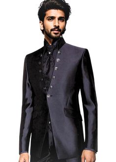 Attractive look reception 1 Button tuxedo suit - 6pc (Jacket, Vest, Pants, Shirt, Tie, Brooch) made from black color polyester fabric. It has bottom as trouser.  Perfect for weddings,graduation ceremoney,dating, meeting, yacht party, banquet, hosts' wearing,etc Dry clean only; Made in India Tailored Party Wear Blazer For Semi-formal Occasions, Designer Black Tuxedo For Groom, Tailored Evening Party Wear Suits, Black Fitted Bandhgala For Semi-formal Occasions, Black Tuxedo For Groom Festive Occasion, Festive Black Tuxedo For Groom, Elegant Three-piece Suit For Festive Semi-formal Events, Elegant Three-piece Suit For Semi-formal Festive Occasions, Elegant Three-piece Suit For Festive Semi-formal Occasions