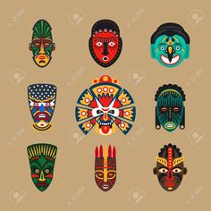 an assortment of african masks on a brown background