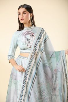 Multi colored lehenga with Mughal 'dancing lady' portrait art prints. Comes with coordinating printed blouse and dupatta. - Aza Fashions Semi-stitched Digital Print Lehenga For Diwali, Semi-stitched Digital Print Choli For Wedding, Fitted Digital Print Choli With Traditional Drape, Fitted Digital Print Choli For Diwali, Eid Digital Print Lehenga Saree, Bollywood Lehenga With Digital Print, Fitted Digital Print Sharara For Festive Occasions, Festive Sharara With Digital Print, Diwali Digital Print Semi-stitched Lehenga