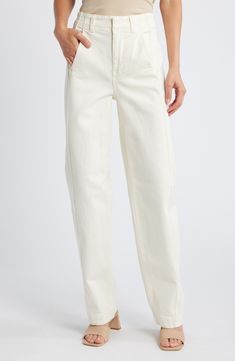 The cut: easy through the hips and thighs, these high-waist jeans have tapered legs, slant pockets, a side panel and welt back pockets. 31 1/2" inseam; 19" leg opening; 12" front rise; 14 1/2" back rise (size 29) Zip fly with button closure Front slant pockets; back welt pockets 98% cotton, 2% elastane Machine wash, tumble dry Imported White Jeans For Workwear, Spring Cropped Tapered Cotton Jeans, Spring Tapered Cropped Cotton Jeans, Spring Cotton Tapered Cropped Jeans, Chic High Rise Jeans With Contrast Stitching, Chic High Waist Jeans With Welt Pockets, Chic High-rise Jeans With Contrast Stitching, White Straight Leg Jeans With Patch Pockets, Straight Leg Mom Fit Pants With Pockets