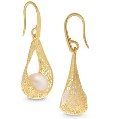 Pique her interest with these intriguing pearl drop earrings. Created in 14K gold, each unique earring features a lustrous 9.0-9.5mm cultured freshwater pearl nestled within a cleverly sculpted teardrop-shaped ribbon adorned with an open-worked textured mesh pattern and rope-textured borders. Polished to a bright shine, these earrings secure with sculpted French wire backs. Modern Akoya Pearl Earrings In Gold, Elegant Yellow Gold Teardrop Earrings With Pearl Drop, Modern Gold Akoya Pearl Earrings, Fine Jewelry Teardrop Pearl Earrings, Yellow Gold Akoya Pearl Pear Earrings, Teardrop Pearl Earrings Fine Jewelry, Gold Briolette Pearl Earrings For Formal Occasions, Elegant Yellow Gold Hypoallergenic Pearl Earrings, Elegant Yellow Gold Briolette Pearl Earrings